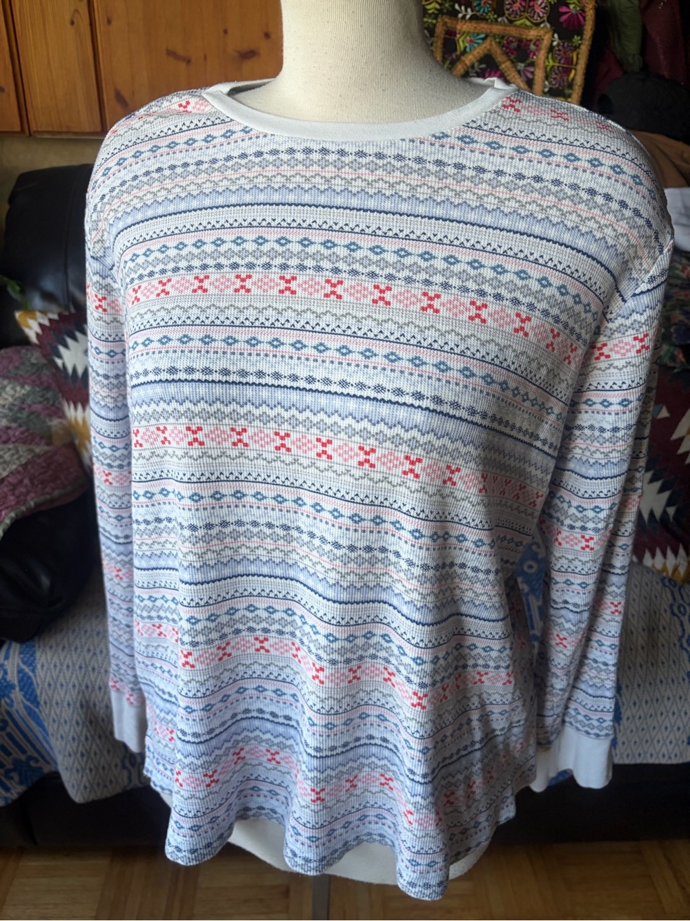Midnight by Carole Hochman Thermal Textured Waffle Knit Long Sleeve Cotton Top